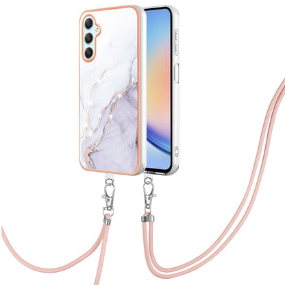 YB IMD Series-9 Marble Pattern Phone Case for Samsung Galaxy A24 4G IMD Electroplating TPU Cover with Lanyard