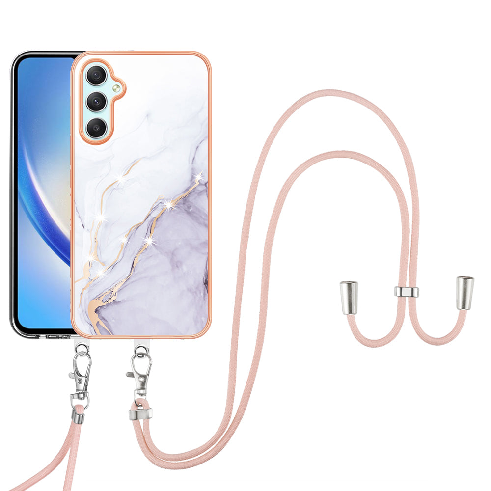 YB IMD Series-9 Marble Pattern Phone Case for Samsung Galaxy A24 4G IMD Electroplating TPU Cover with Lanyard