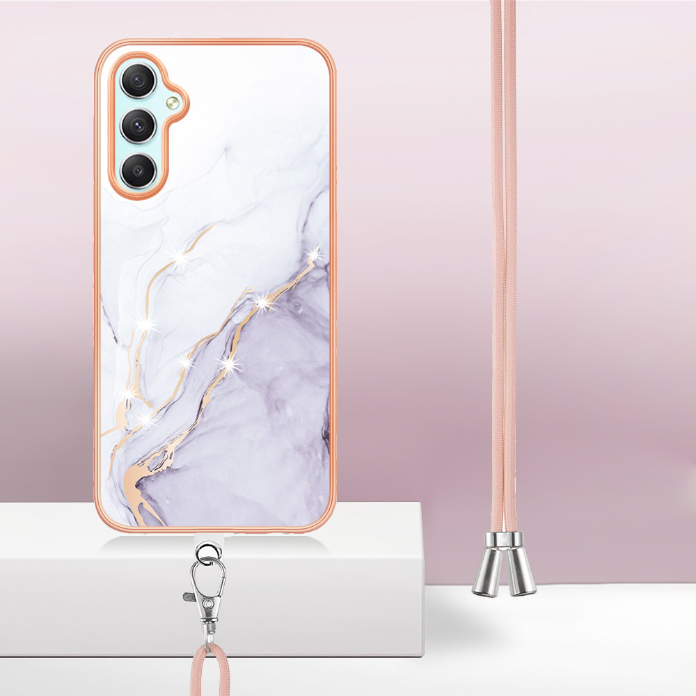 YB IMD Series-9 Marble Pattern Phone Case for Samsung Galaxy A24 4G IMD Electroplating TPU Cover with Lanyard