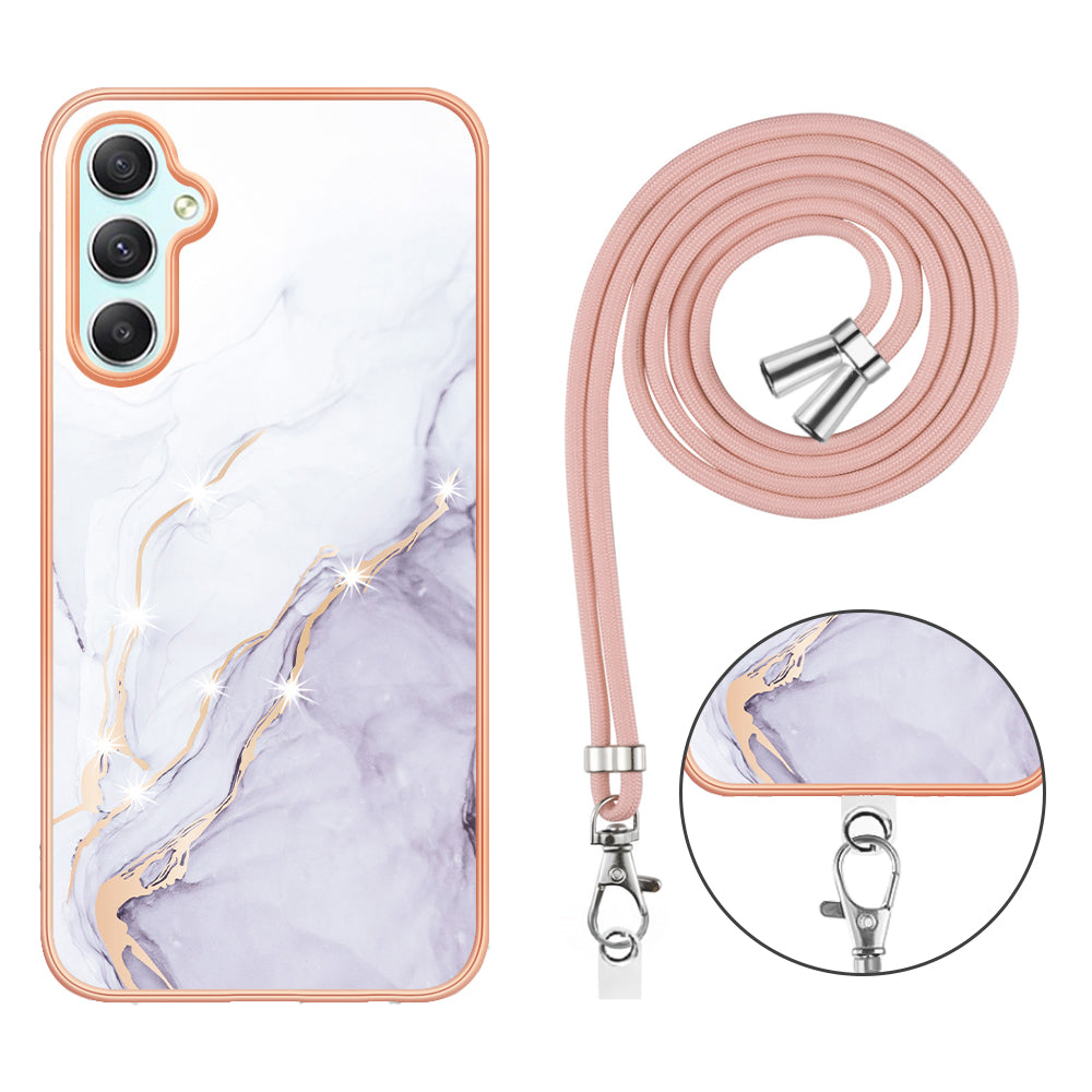 YB IMD Series-9 Marble Pattern Phone Case for Samsung Galaxy A24 4G IMD Electroplating TPU Cover with Lanyard