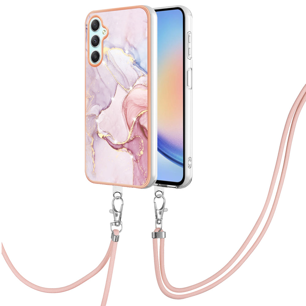 YB IMD Series-9 Marble Pattern Phone Case for Samsung Galaxy A24 4G IMD Electroplating TPU Cover with Lanyard
