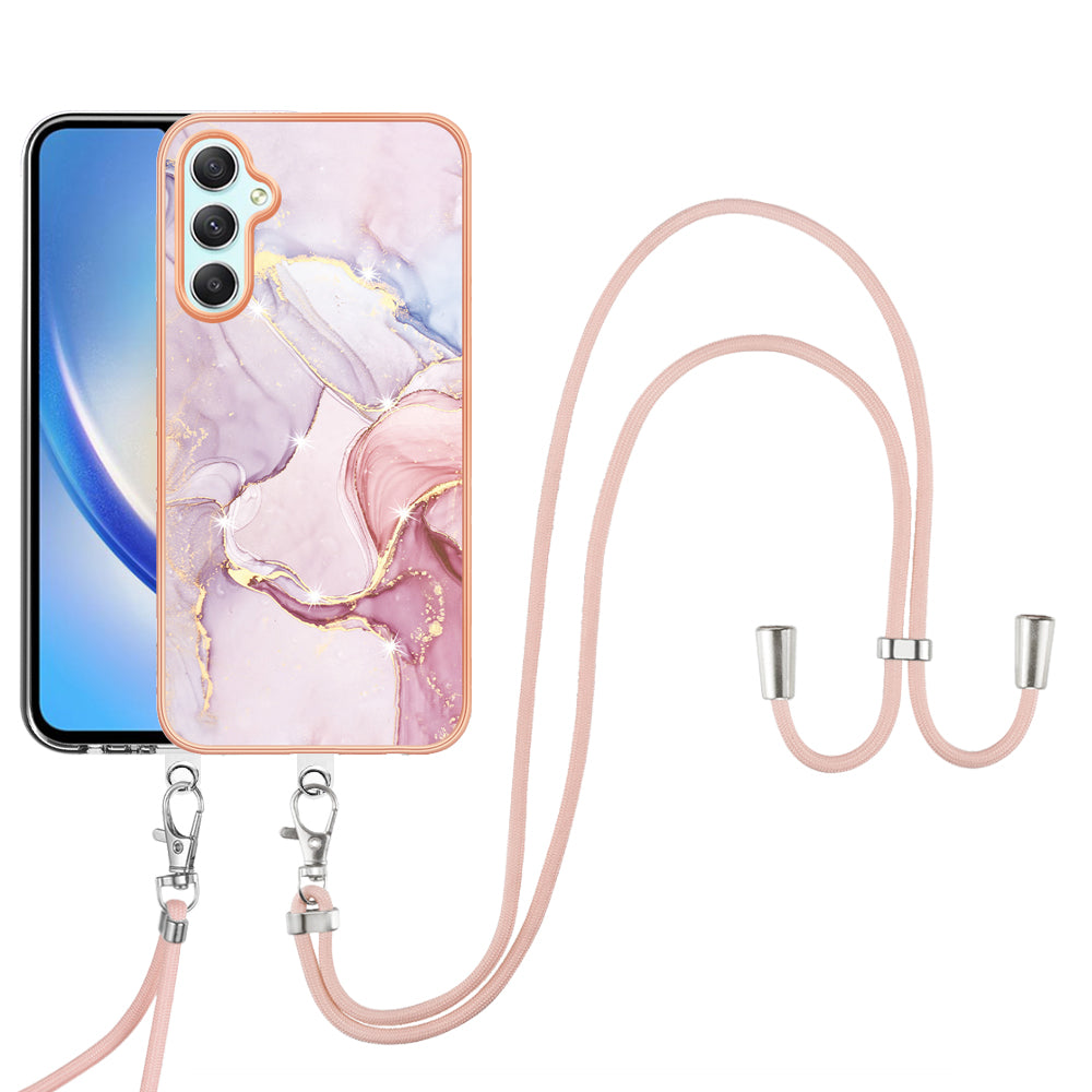 YB IMD Series-9 Marble Pattern Phone Case for Samsung Galaxy A24 4G IMD Electroplating TPU Cover with Lanyard