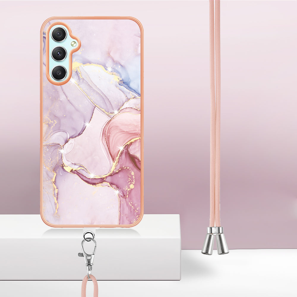 YB IMD Series-9 Marble Pattern Phone Case for Samsung Galaxy A24 4G IMD Electroplating TPU Cover with Lanyard