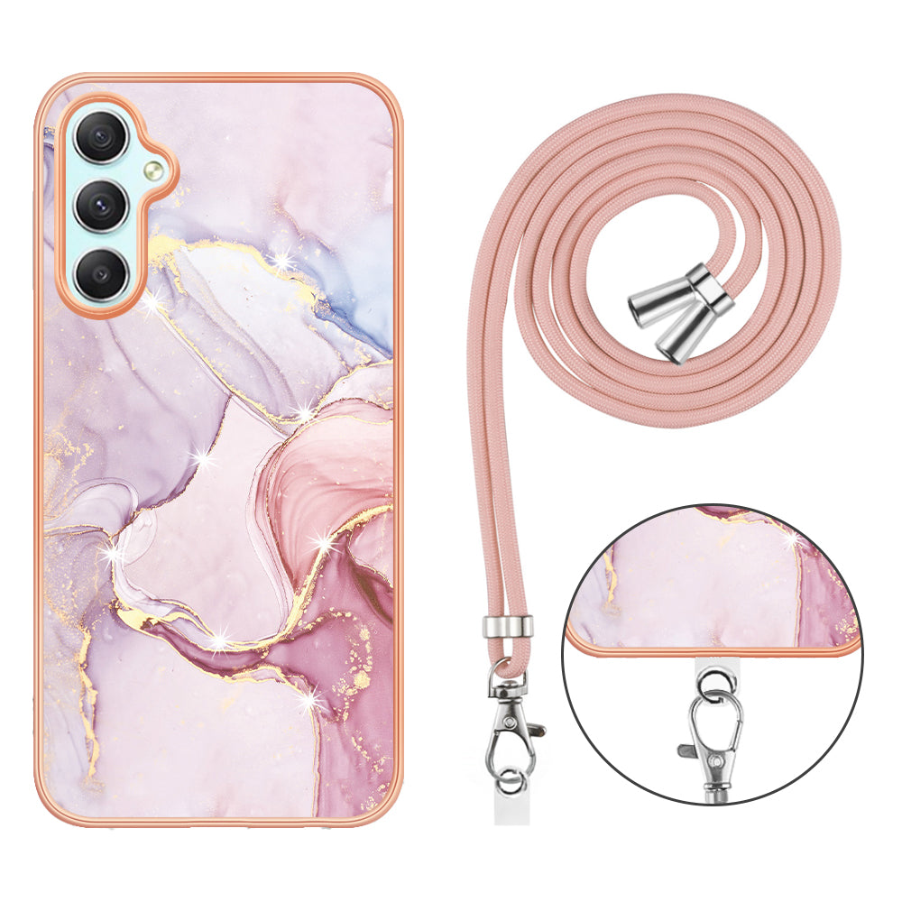 YB IMD Series-9 Marble Pattern Phone Case for Samsung Galaxy A24 4G IMD Electroplating TPU Cover with Lanyard