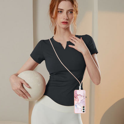 YB IMD Series-9 Marble Pattern Phone Case for Samsung Galaxy A24 4G IMD Electroplating TPU Cover with Lanyard