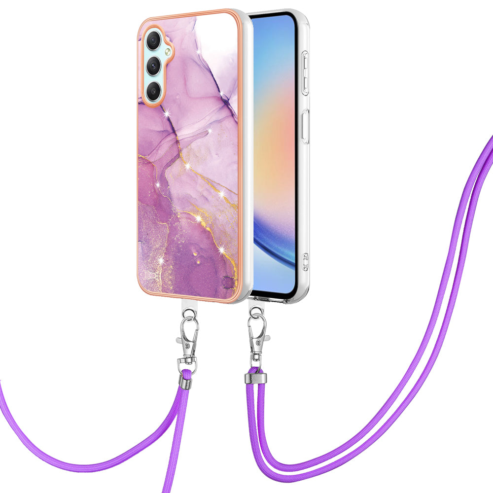 YB IMD Series-9 Marble Pattern Phone Case for Samsung Galaxy A24 4G IMD Electroplating TPU Cover with Lanyard