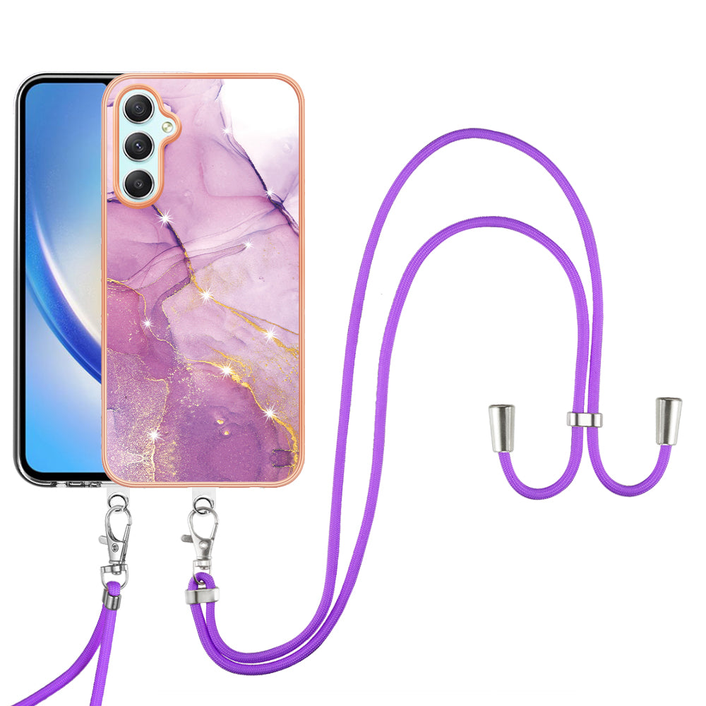 YB IMD Series-9 Marble Pattern Phone Case for Samsung Galaxy A24 4G IMD Electroplating TPU Cover with Lanyard