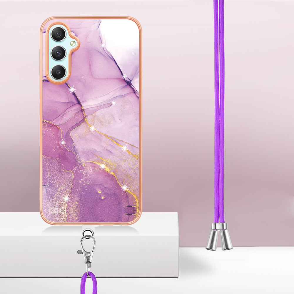 YB IMD Series-9 Marble Pattern Phone Case for Samsung Galaxy A24 4G IMD Electroplating TPU Cover with Lanyard