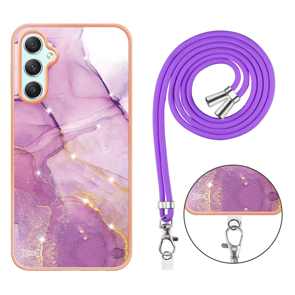 YB IMD Series-9 Marble Pattern Phone Case for Samsung Galaxy A24 4G IMD Electroplating TPU Cover with Lanyard