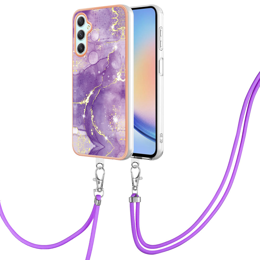 YB IMD Series-9 Marble Pattern Phone Case for Samsung Galaxy A24 4G IMD Electroplating TPU Cover with Lanyard