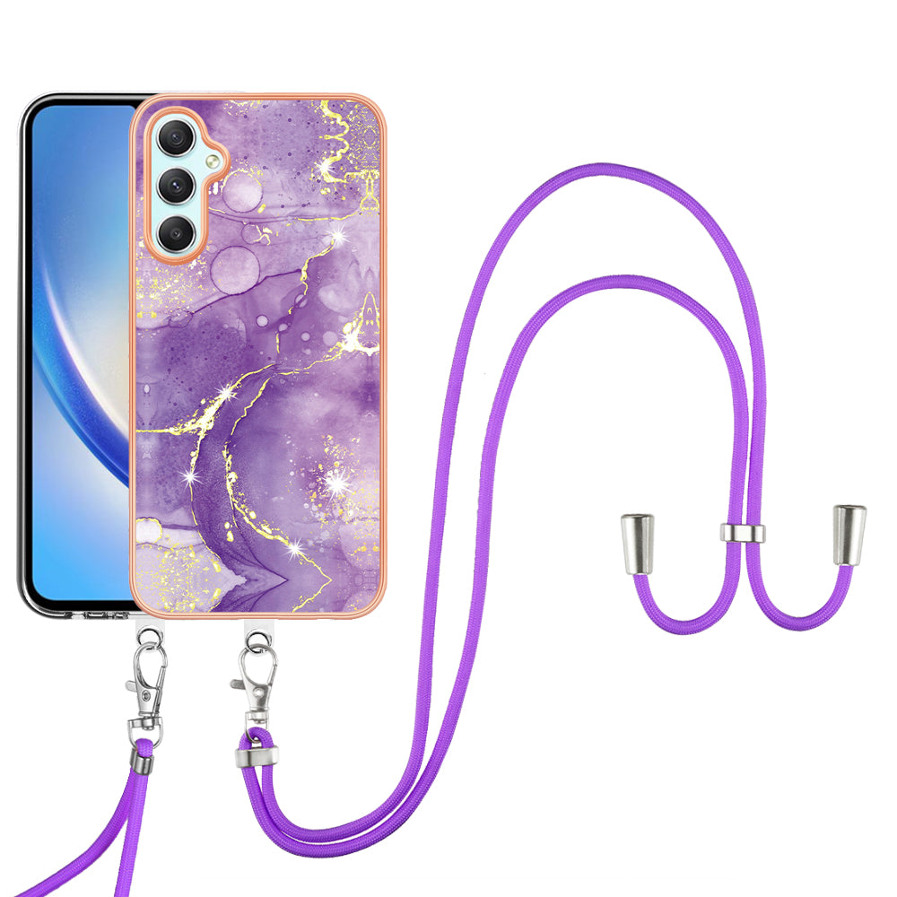 YB IMD Series-9 Marble Pattern Phone Case for Samsung Galaxy A24 4G IMD Electroplating TPU Cover with Lanyard
