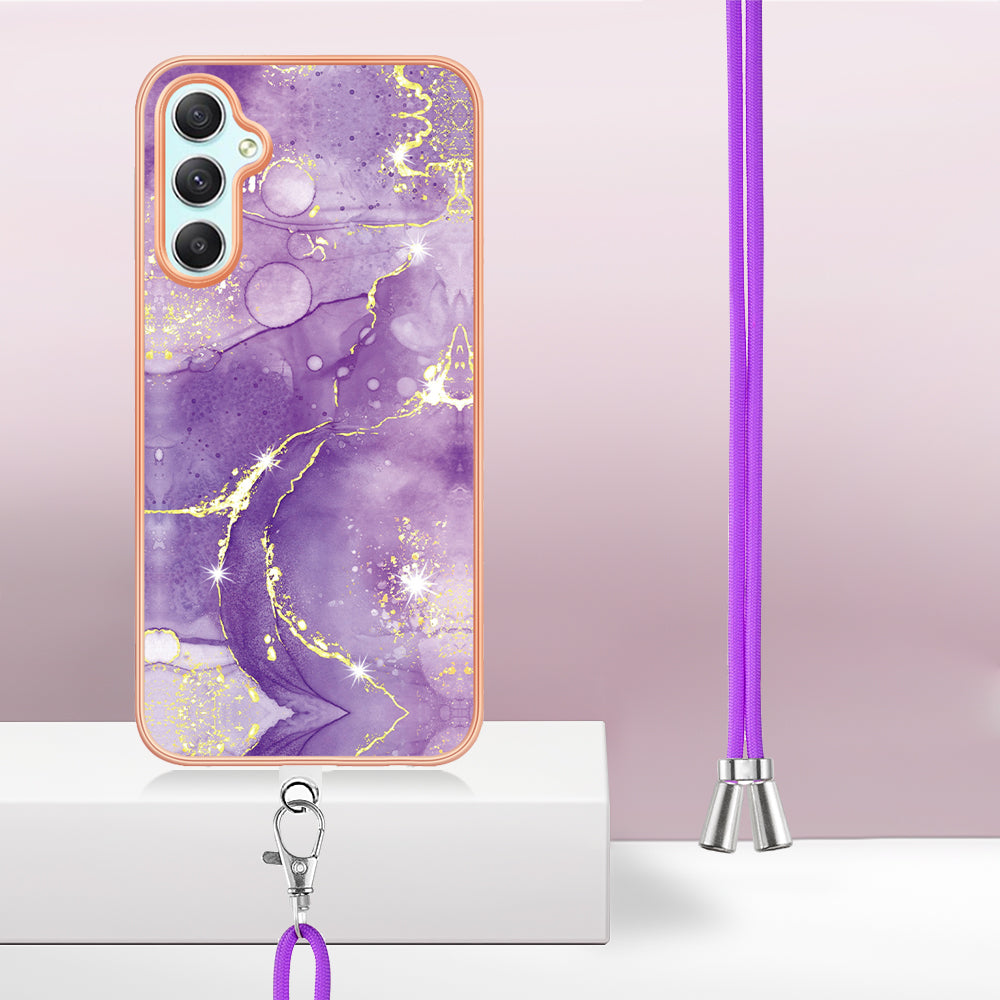 YB IMD Series-9 Marble Pattern Phone Case for Samsung Galaxy A24 4G IMD Electroplating TPU Cover with Lanyard