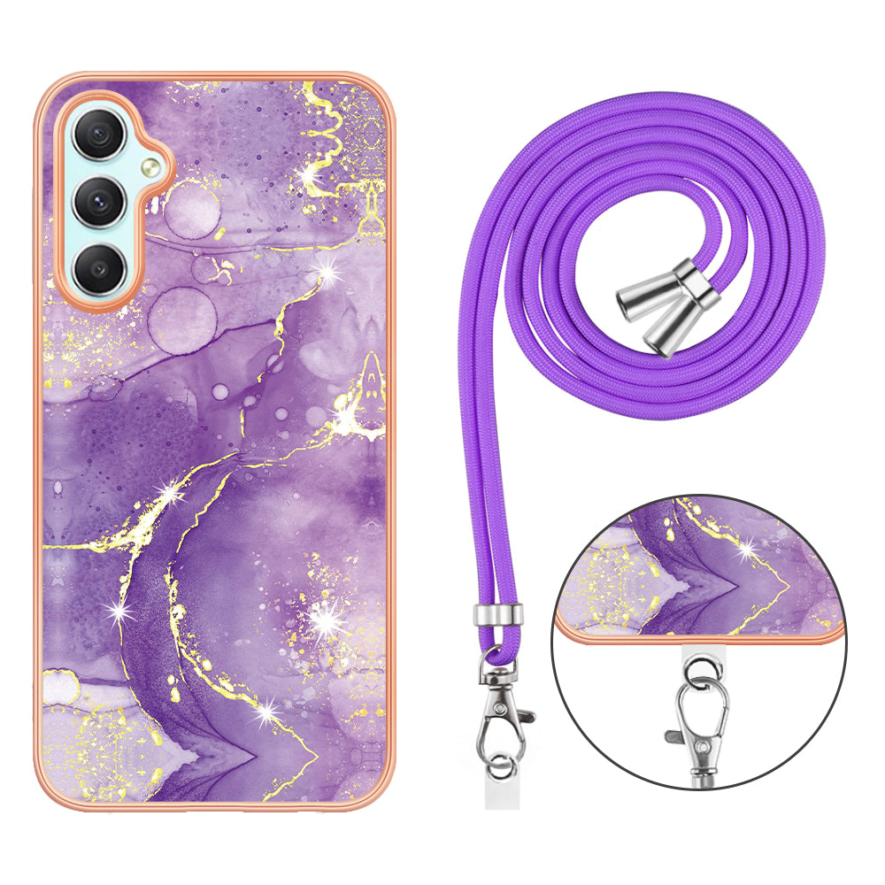 YB IMD Series-9 Marble Pattern Phone Case for Samsung Galaxy A24 4G IMD Electroplating TPU Cover with Lanyard