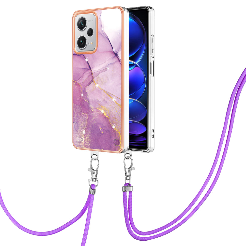 YB IMD Series-9 IMD TPU Phone Cover for Xiaomi Redmi Note 12 Pro+ 5G Electroplated Marble Pattern Phone Case with Lanyard