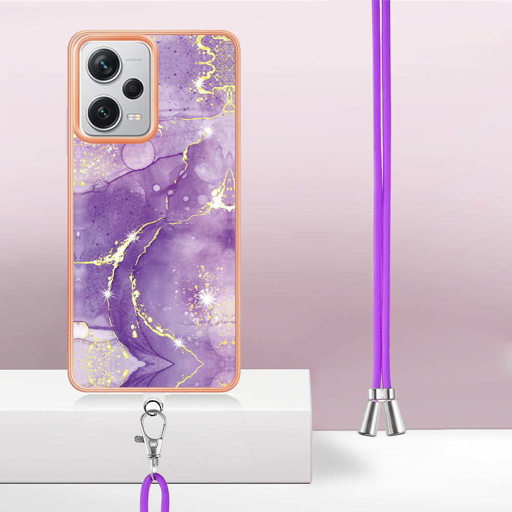 YB IMD Series-9 IMD TPU Phone Cover for Xiaomi Redmi Note 12 Pro+ 5G Electroplated Marble Pattern Phone Case with Lanyard