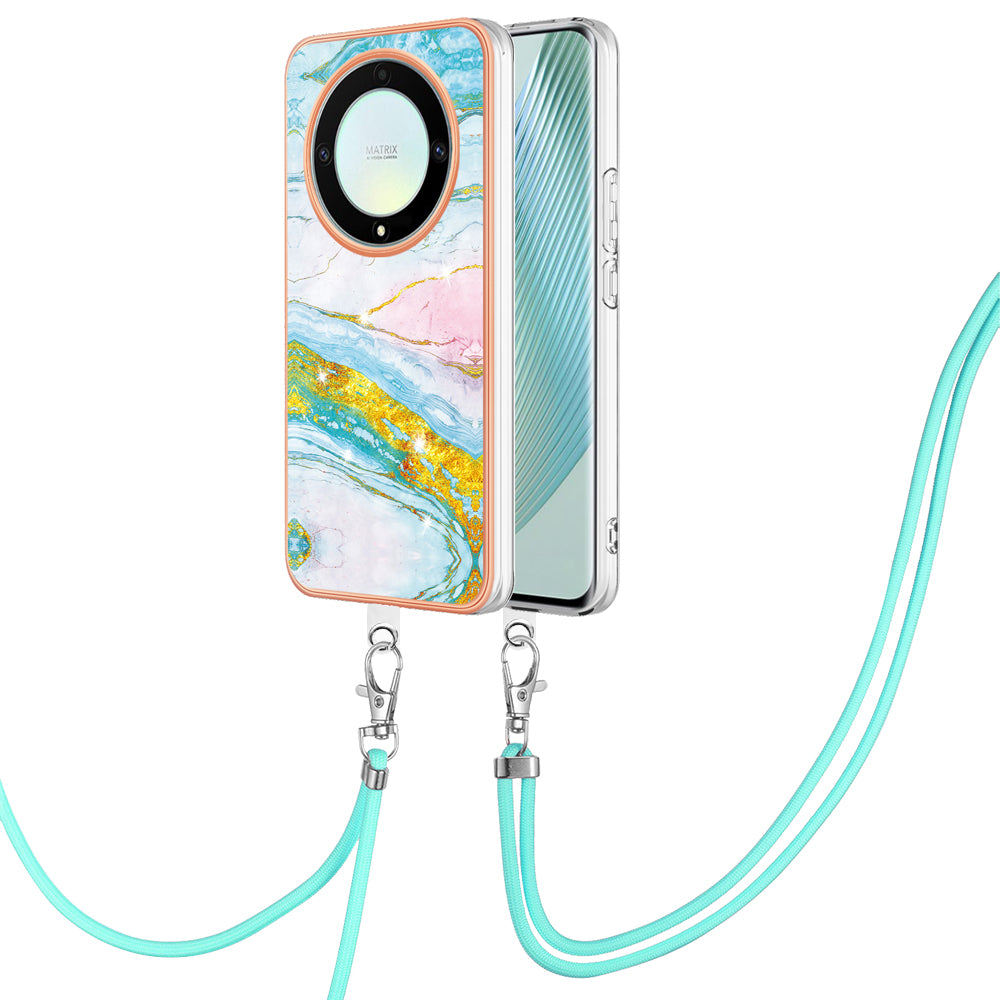 YB IMD Series-9 For Honor X40 5G / X9a 5G / Magic5 Lite 5G IMD Marble Pattern Phone Case Electroplating TPU Cover with Lanyard
