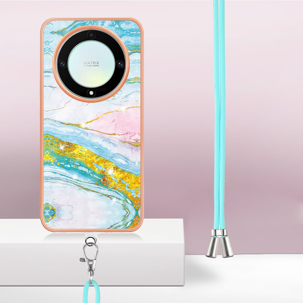 YB IMD Series-9 For Honor X40 5G / X9a 5G / Magic5 Lite 5G IMD Marble Pattern Phone Case Electroplating TPU Cover with Lanyard