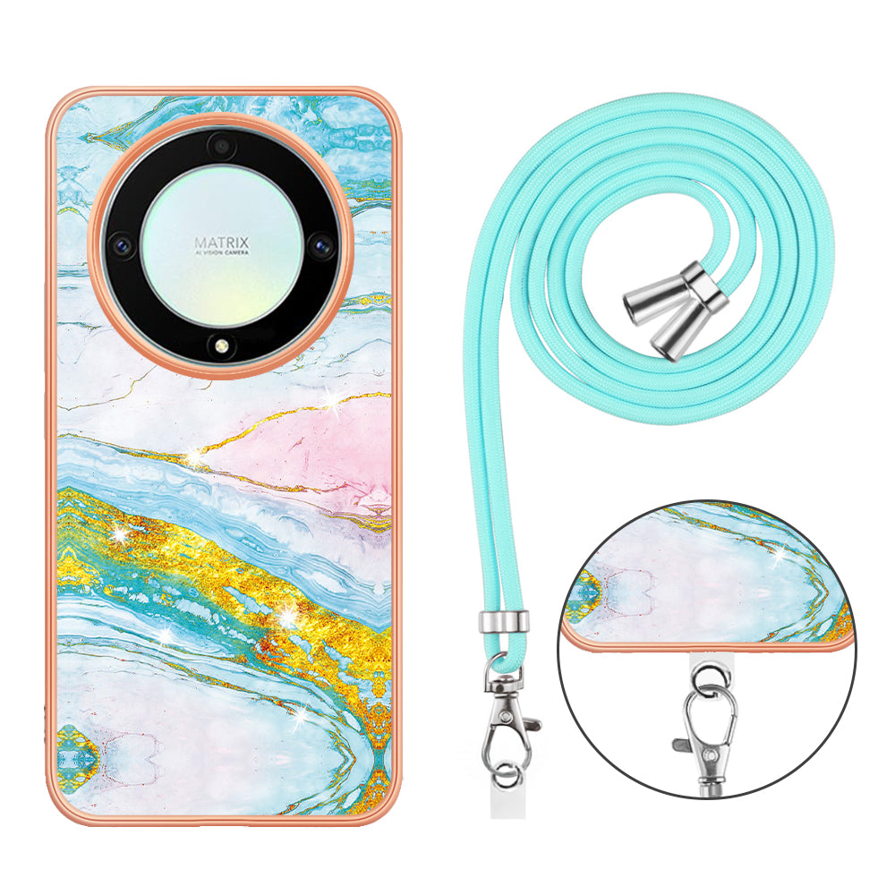 YB IMD Series-9 For Honor X40 5G / X9a 5G / Magic5 Lite 5G IMD Marble Pattern Phone Case Electroplating TPU Cover with Lanyard