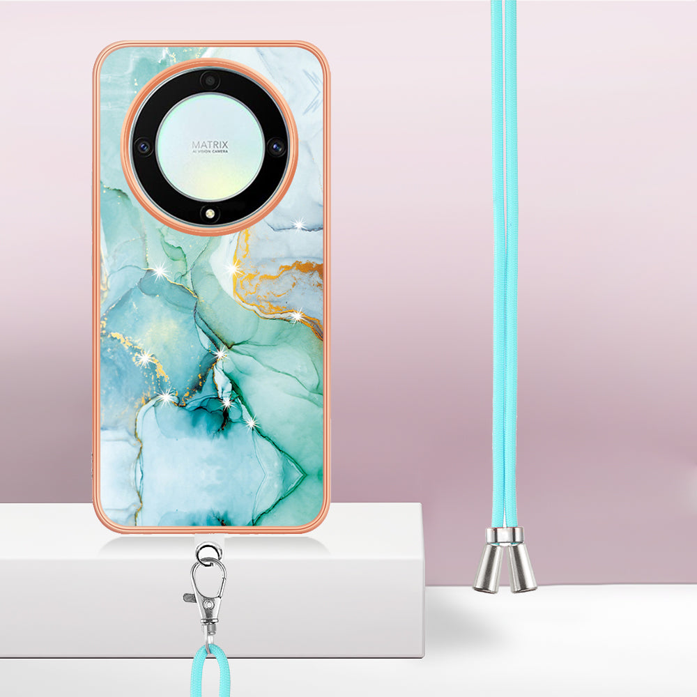 YB IMD Series-9 For Honor X40 5G / X9a 5G / Magic5 Lite 5G IMD Marble Pattern Phone Case Electroplating TPU Cover with Lanyard
