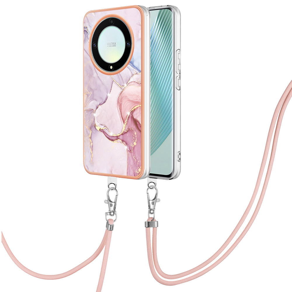 YB IMD Series-9 For Honor X40 5G / X9a 5G / Magic5 Lite 5G IMD Marble Pattern Phone Case Electroplating TPU Cover with Lanyard