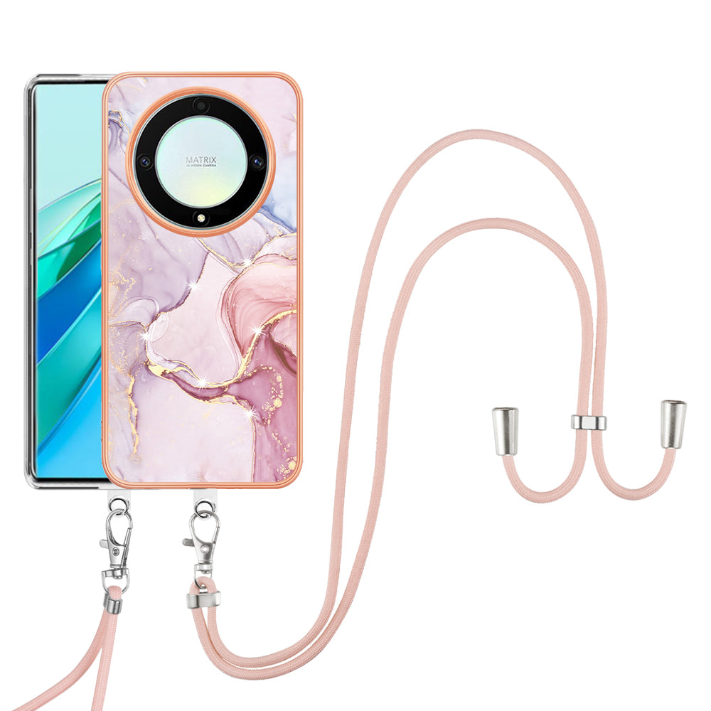 YB IMD Series-9 For Honor X40 5G / X9a 5G / Magic5 Lite 5G IMD Marble Pattern Phone Case Electroplating TPU Cover with Lanyard