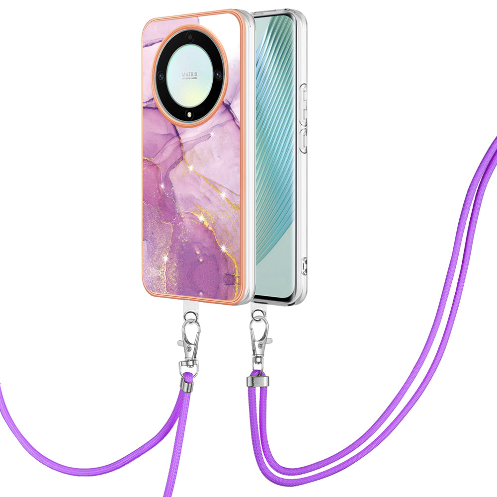 YB IMD Series-9 For Honor X40 5G / X9a 5G / Magic5 Lite 5G IMD Marble Pattern Phone Case Electroplating TPU Cover with Lanyard