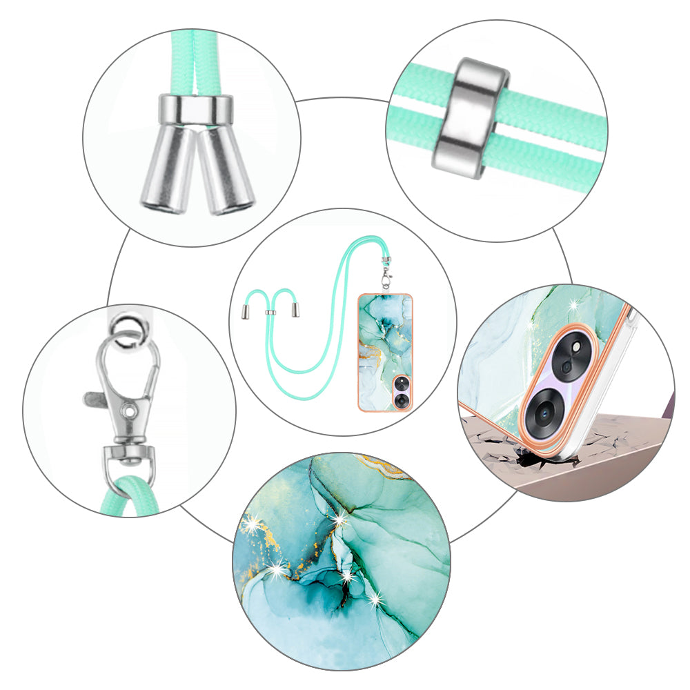 YB IMD Series-9 For Oppo A78 / A58 5G Electroplating Frame TPU Cover IMD Marble Pattern Phone Case with Lanyard