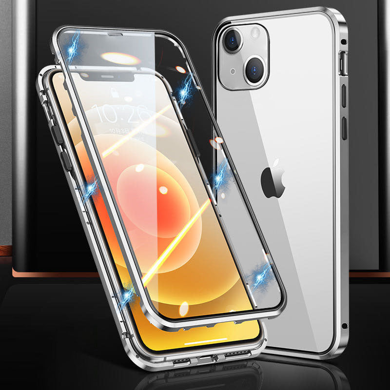 Magnetic Metal Frame + Dual Side Tempered Glass Phone Case for iPhone 15 Full Protection Clear Phone Cover