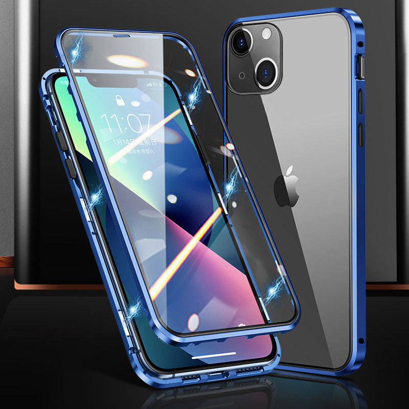 Phone Case for iPhone 15 Plus Magnetic Adsorption Metal Frame + Double-sided Tempered Glass Clear Phone Cover