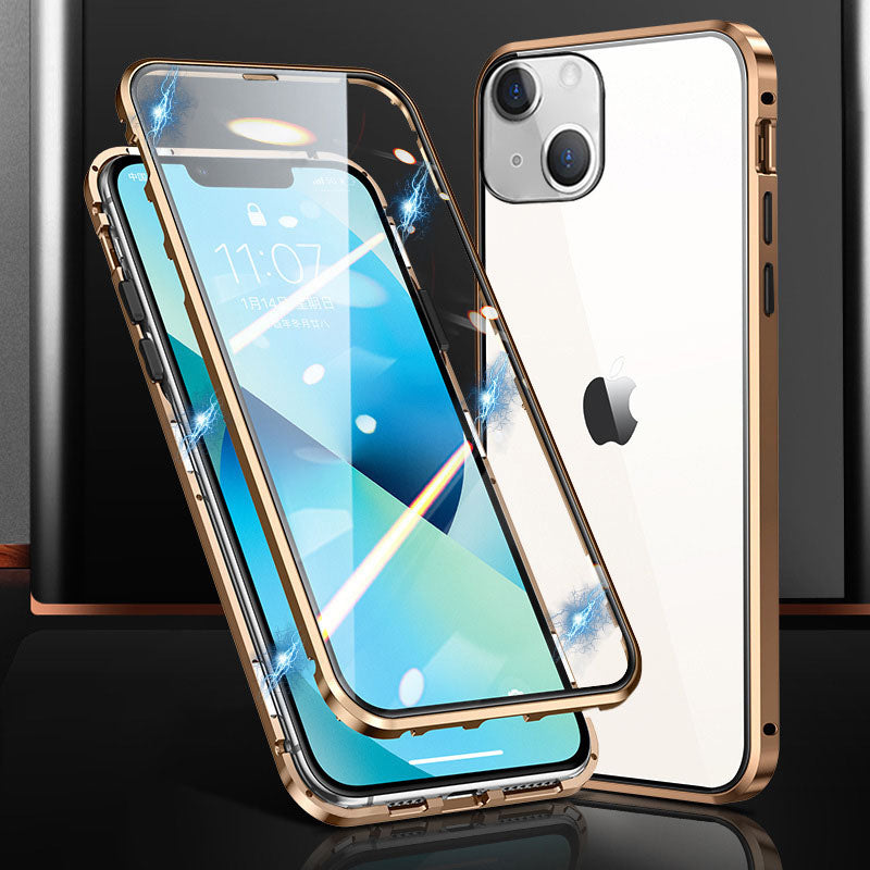 Phone Case for iPhone 15 Plus Magnetic Adsorption Metal Frame + Double-sided Tempered Glass Clear Phone Cover