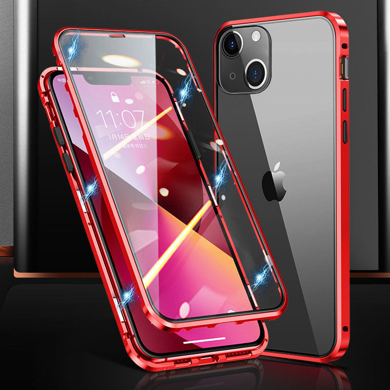 Phone Case for iPhone 15 Plus Magnetic Adsorption Metal Frame + Double-sided Tempered Glass Clear Phone Cover