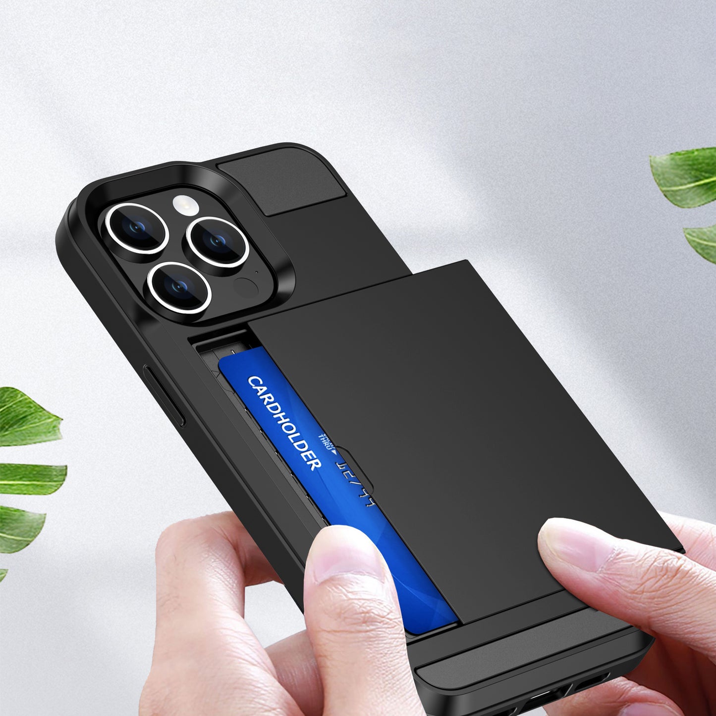 Sliding Card Holder Phone Case for iPhone 15 Plus , Anti-drop PC + TPU Back Cover