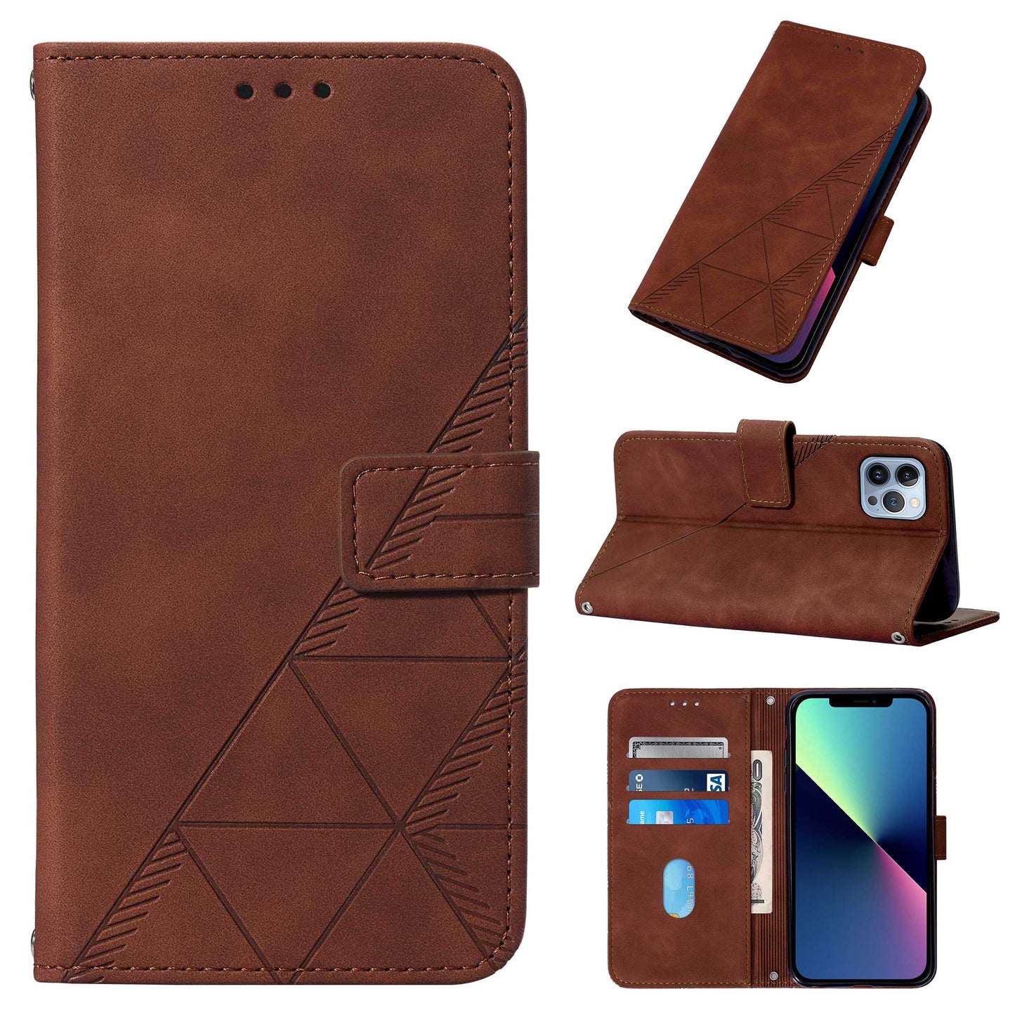 YB Imprinting Series-1 for iPhone 15 Pro Wallet Stand Leather Phone Cover Imprinted Phone Case with Hand Strap