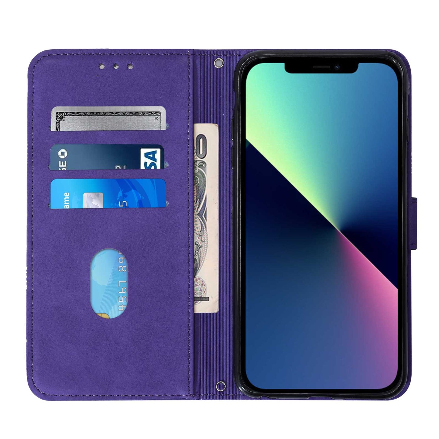 YB Imprinting Series-1 for iPhone 15 Pro Wallet Stand Leather Phone Cover Imprinted Phone Case with Hand Strap