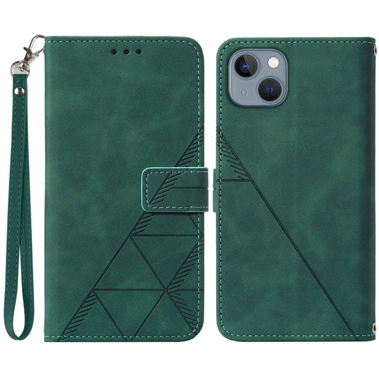 YB Imprinting Series-1 for iPhone 15 PU Leather Phone Case Imprinted Wallet Stand Cover with Hand Strap