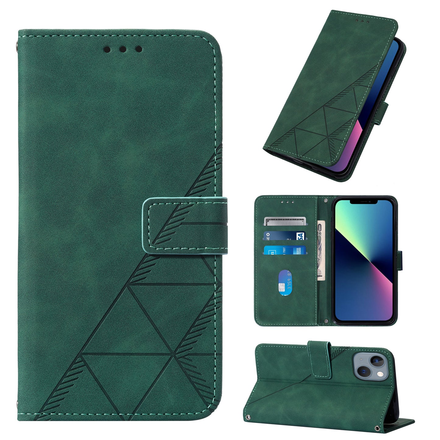 YB Imprinting Series-1 for iPhone 15 PU Leather Phone Case Imprinted Wallet Stand Cover with Hand Strap