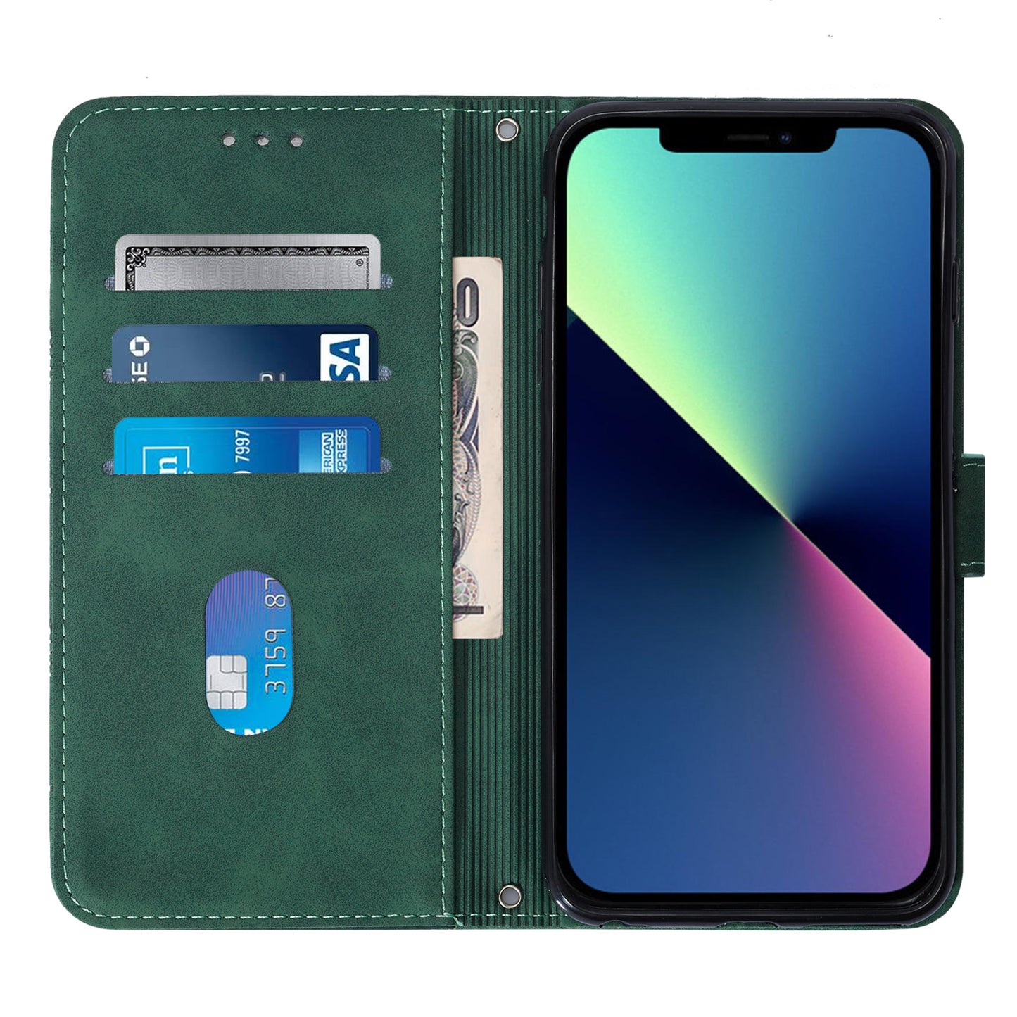 YB Imprinting Series-1 for iPhone 15 PU Leather Phone Case Imprinted Wallet Stand Cover with Hand Strap