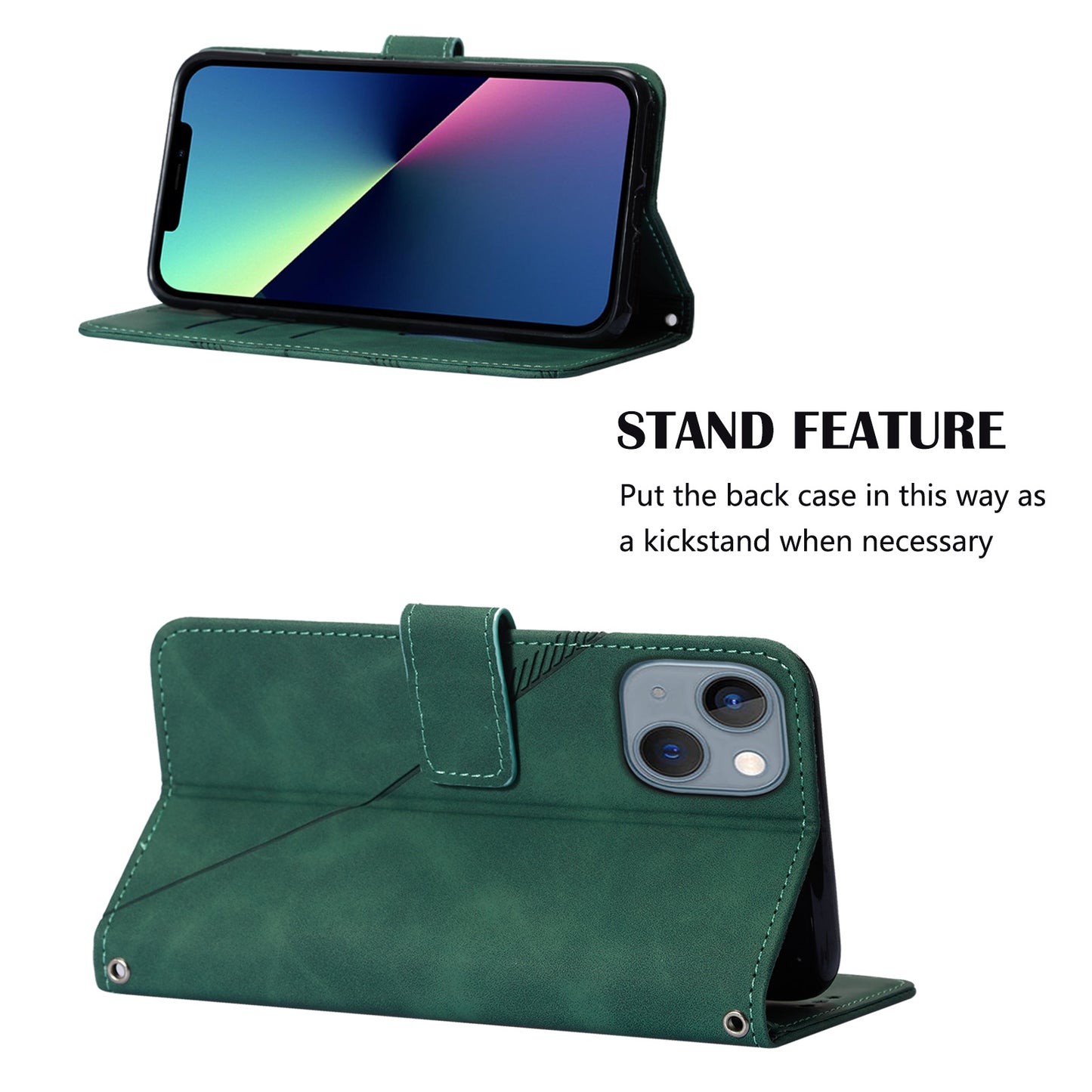 YB Imprinting Series-1 for iPhone 15 PU Leather Phone Case Imprinted Wallet Stand Cover with Hand Strap