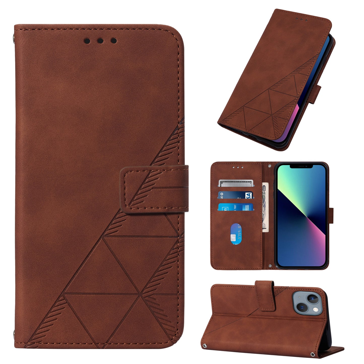 YB Imprinting Series-1 for iPhone 15 PU Leather Phone Case Imprinted Wallet Stand Cover with Hand Strap