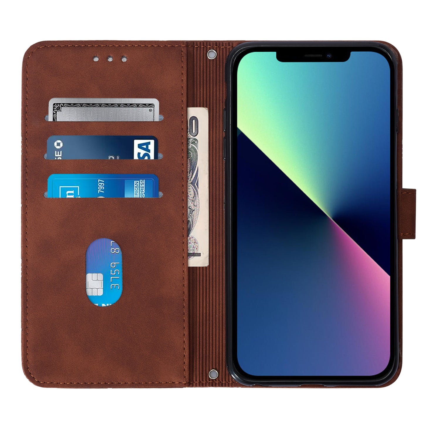 YB Imprinting Series-1 for iPhone 15 PU Leather Phone Case Imprinted Wallet Stand Cover with Hand Strap