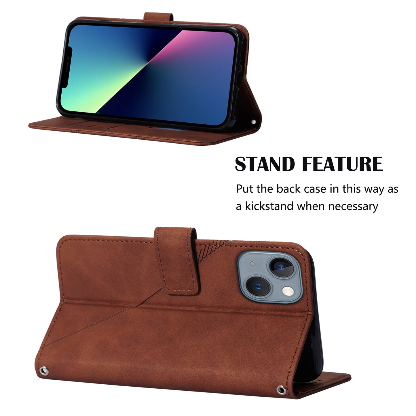 YB Imprinting Series-1 for iPhone 15 PU Leather Phone Case Imprinted Wallet Stand Cover with Hand Strap