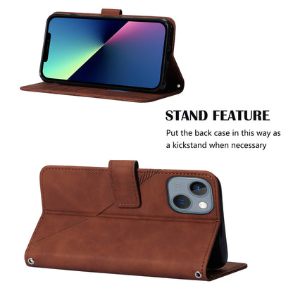 YB Imprinting Series-1 for iPhone 15 PU Leather Phone Case Imprinted Wallet Stand Cover with Hand Strap