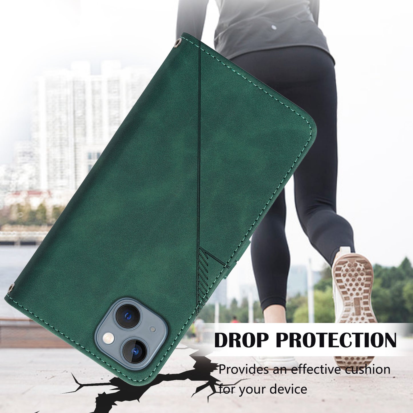 YB Imprinting Series-1 for iPhone 15 PU Leather Phone Case Imprinted Wallet Stand Cover with Hand Strap