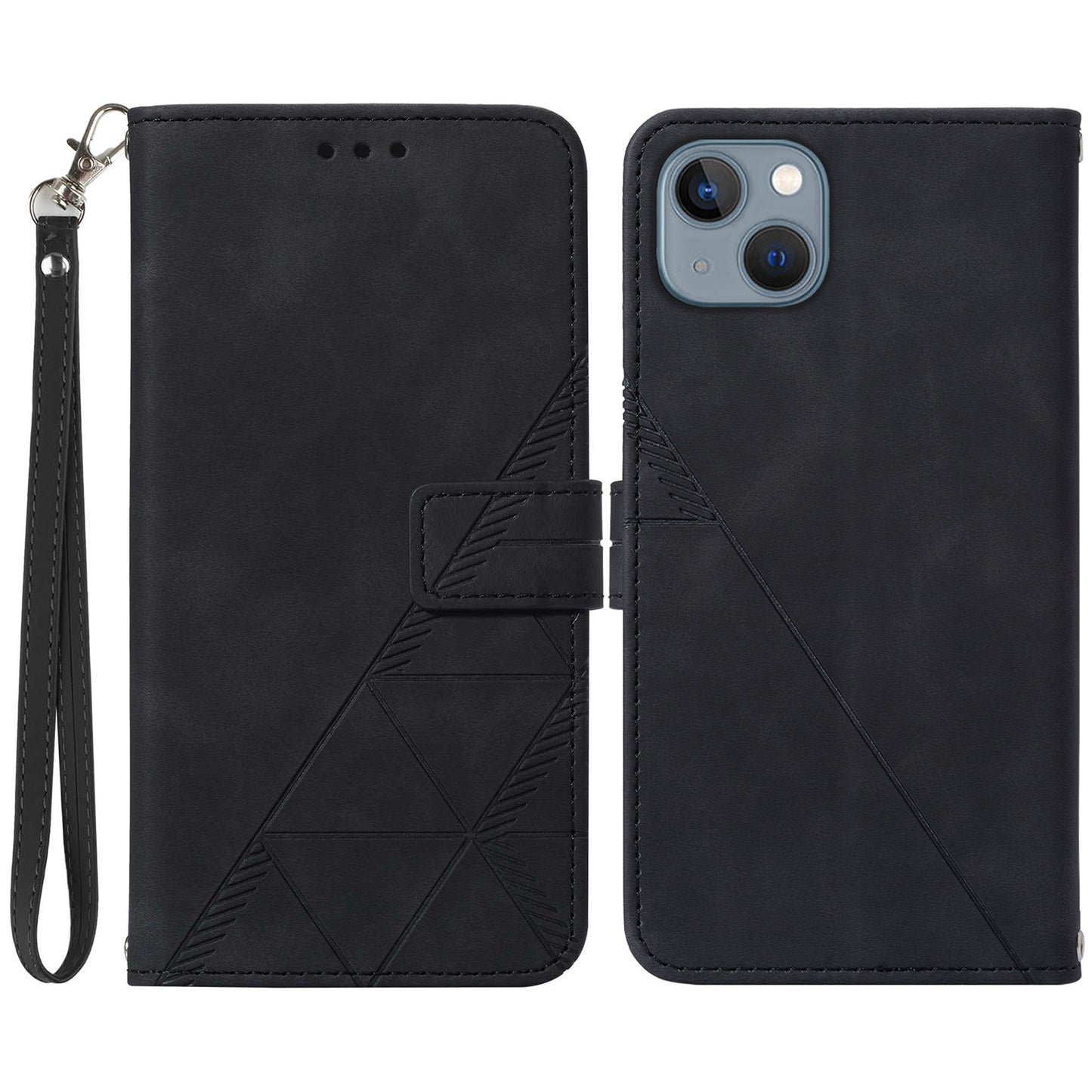 YB Imprinting Series-1 for iPhone 15 PU Leather Phone Case Imprinted Wallet Stand Cover with Hand Strap
