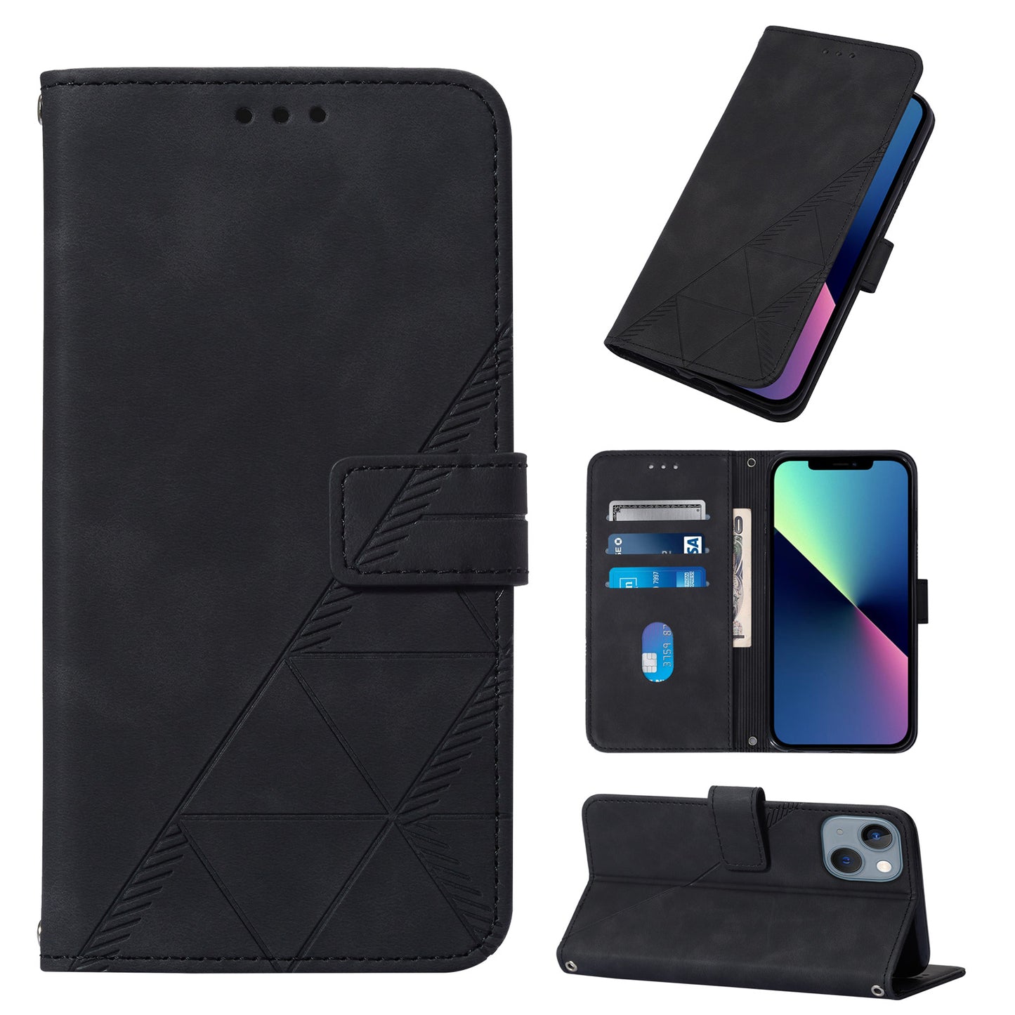 YB Imprinting Series-1 for iPhone 15 PU Leather Phone Case Imprinted Wallet Stand Cover with Hand Strap