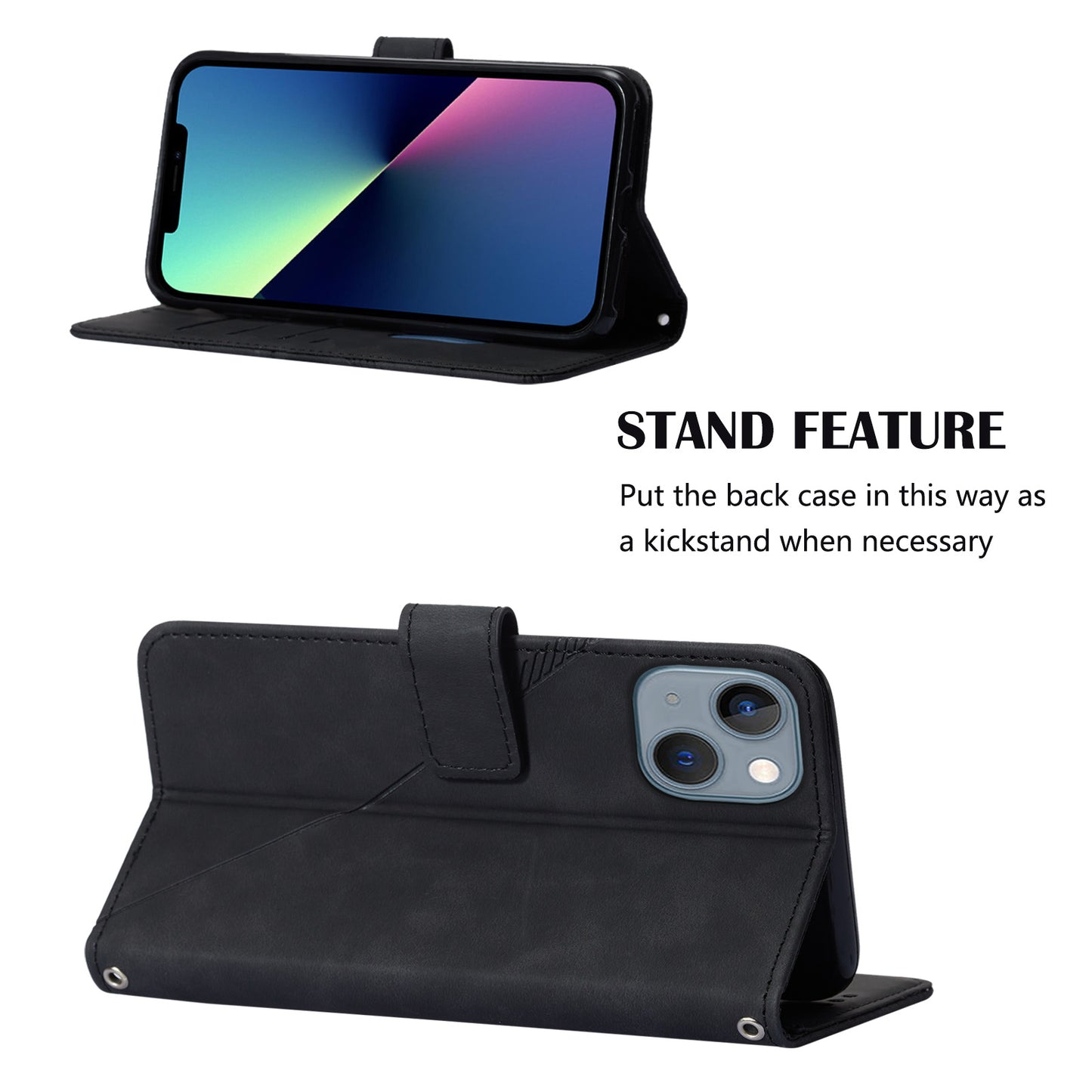 YB Imprinting Series-1 for iPhone 15 PU Leather Phone Case Imprinted Wallet Stand Cover with Hand Strap