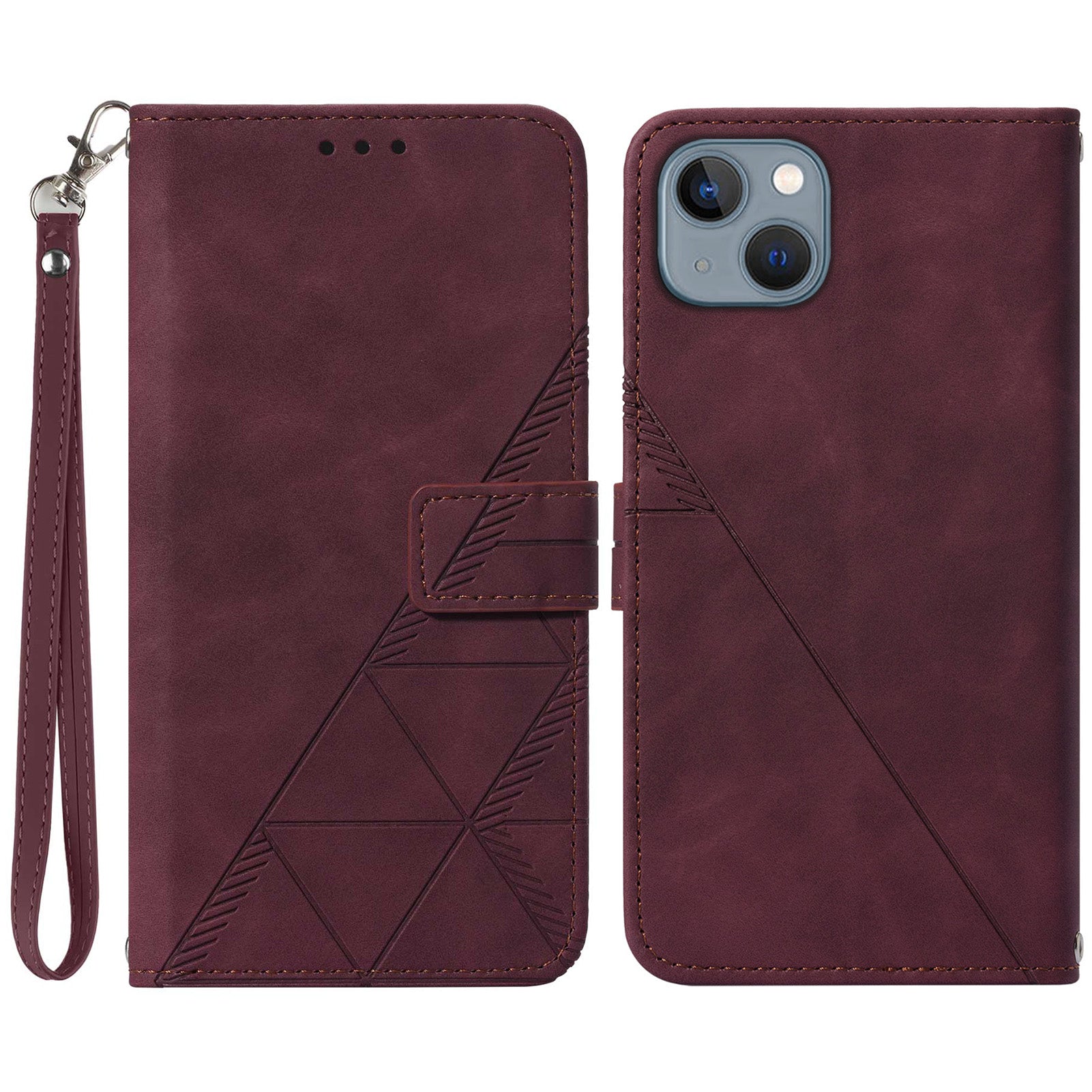 YB Imprinting Series-1 for iPhone 15 PU Leather Phone Case Imprinted Wallet Stand Cover with Hand Strap