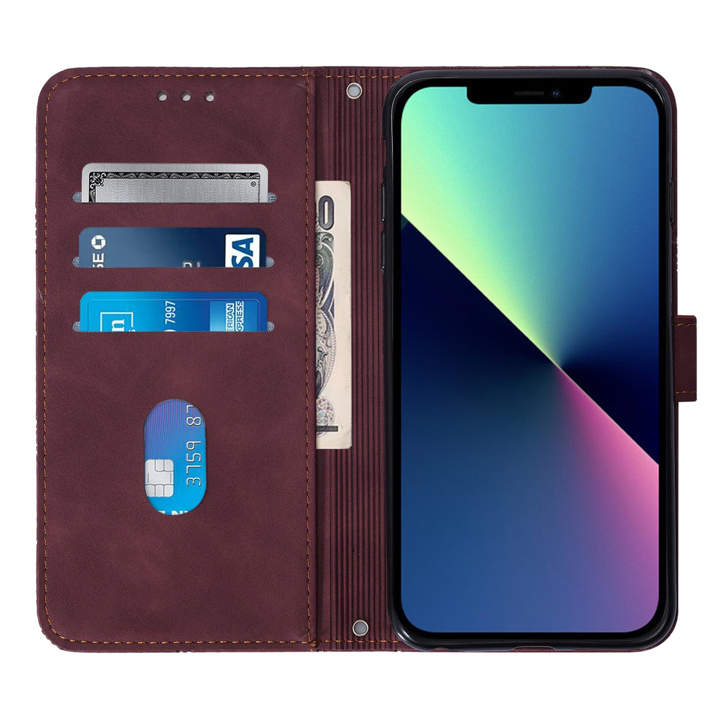 YB Imprinting Series-1 for iPhone 15 PU Leather Phone Case Imprinted Wallet Stand Cover with Hand Strap