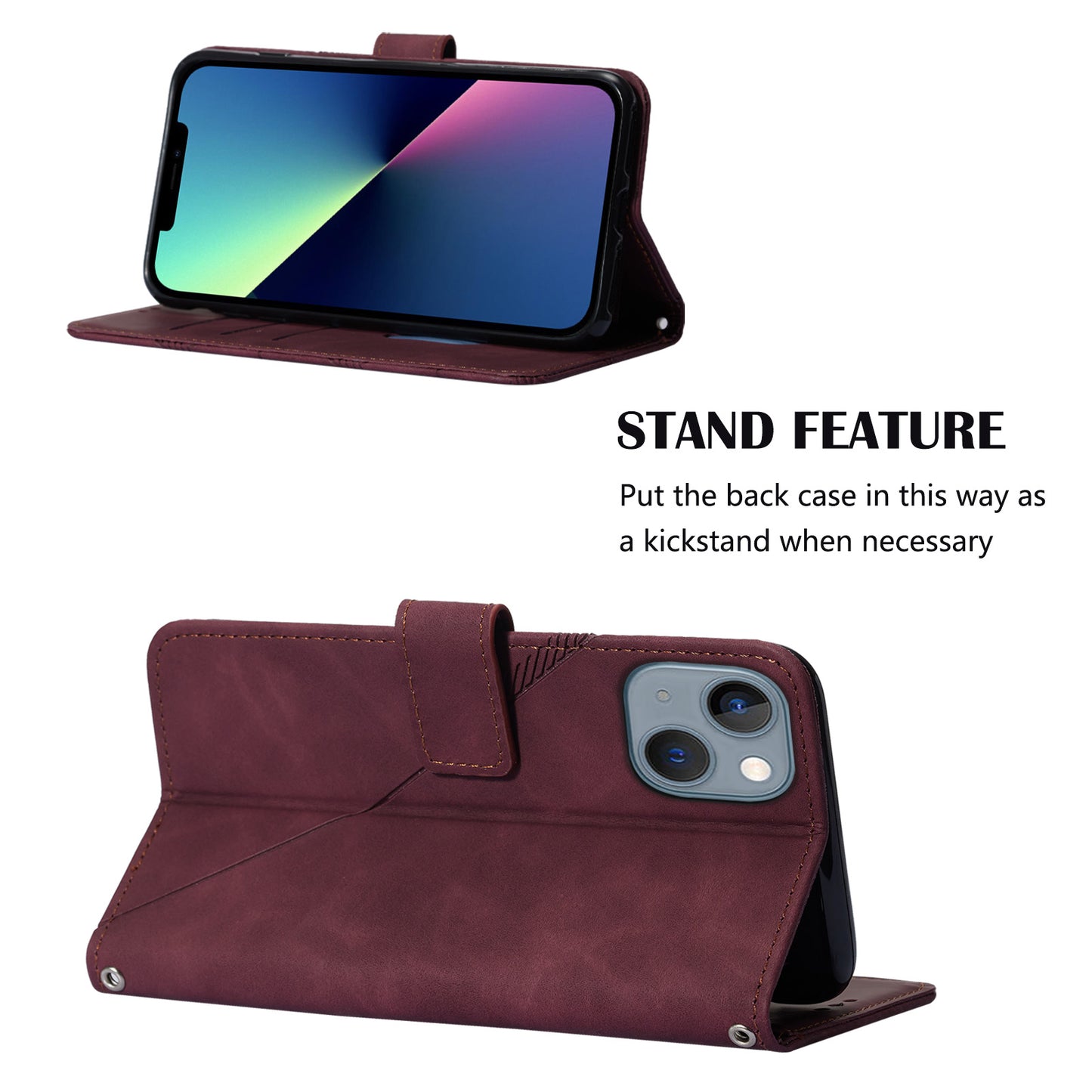 YB Imprinting Series-1 for iPhone 15 PU Leather Phone Case Imprinted Wallet Stand Cover with Hand Strap