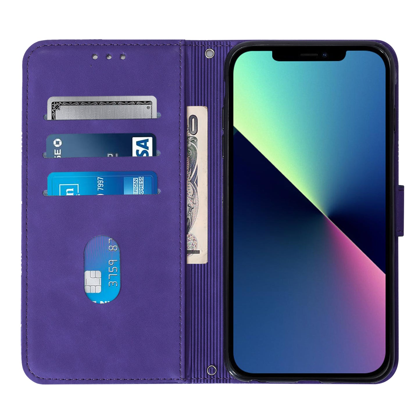 YB Imprinting Series-1 for iPhone 15 PU Leather Phone Case Imprinted Wallet Stand Cover with Hand Strap